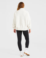 Varsity Oversized Fleece Zip Up Jacket - Cream
