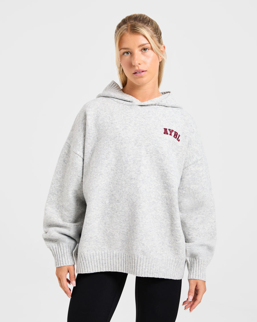 Varsity Minimal Logo Oversized Knitted Hoodie - Gris Marl/Burgundy