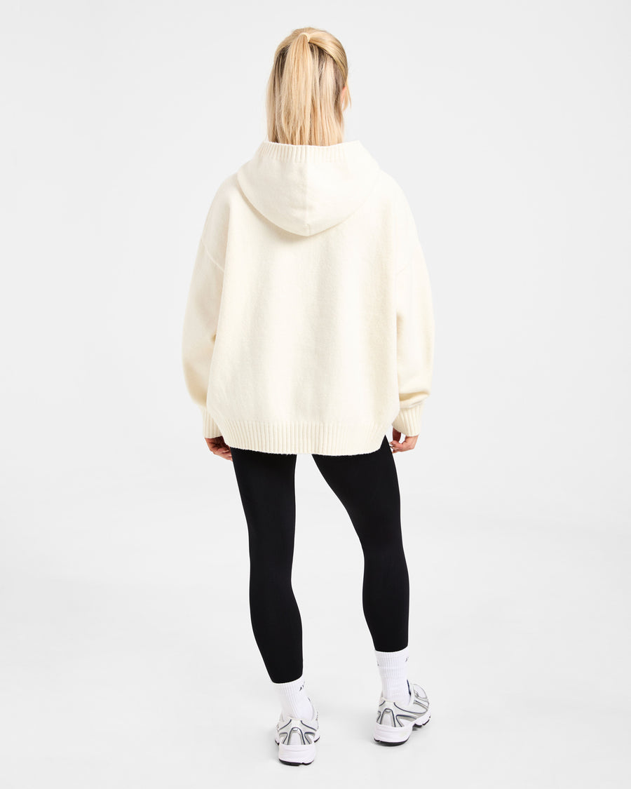 Varsity Minimal Logo Oversized Knitted Hoodie - Crème