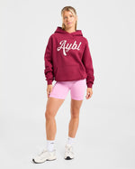 Script Embroidered Oversized Hoodie - Burgundy/Pink