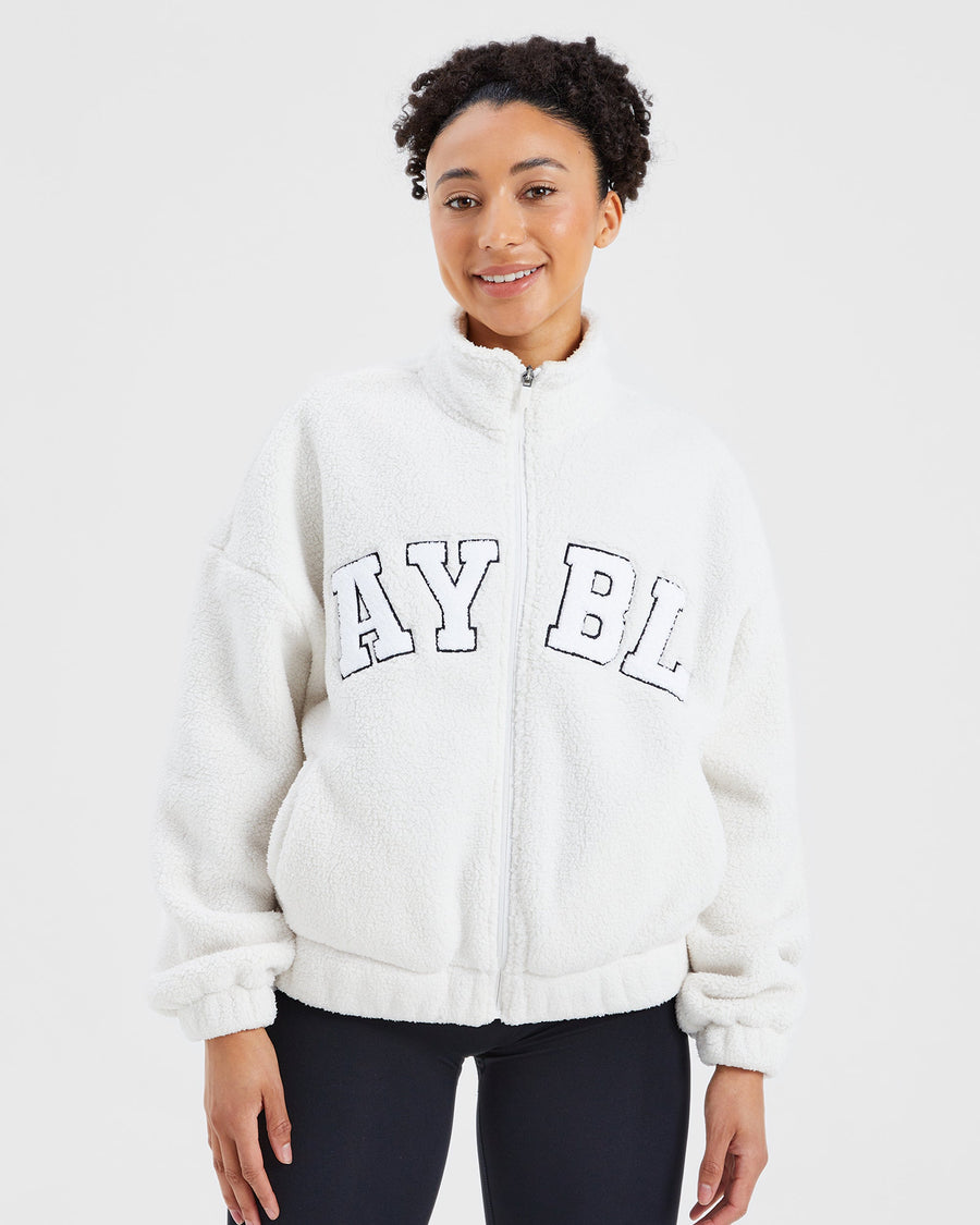 Varsity Oversized Fleece Zip Up Jacket - Cream/White