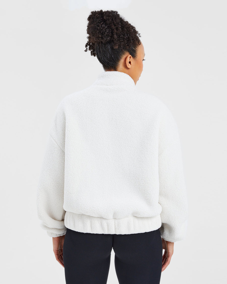 Varsity Oversized Fleece Zip Up Jacket - Cream/White