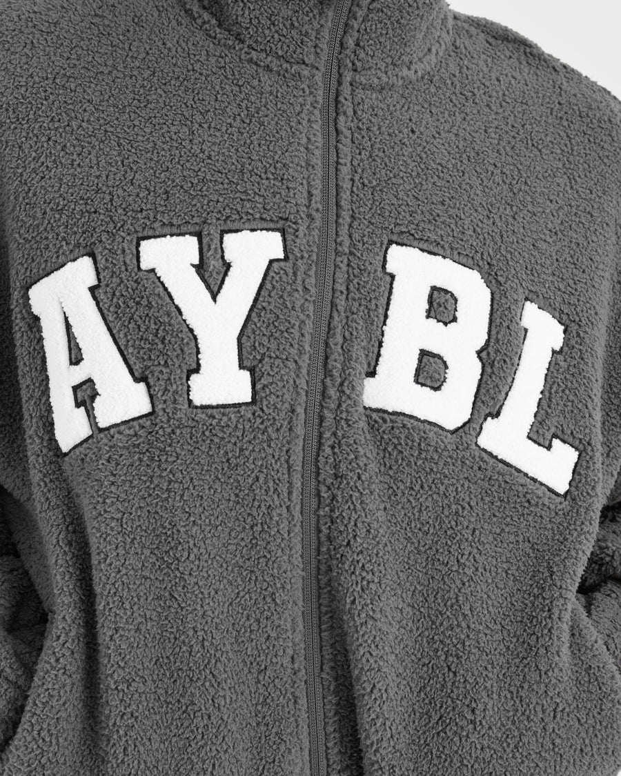 Varsity Oversized Fleece Zip Up Jacket - Charcoal