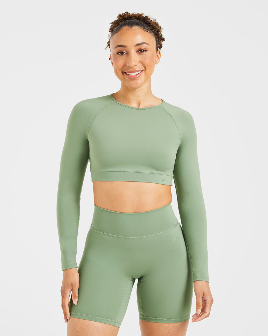 Staple Long Sleeve Crop Top - Olive Vert