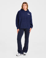 Varsity Minimal Logo Oversized Knitted Hoodie - Navy