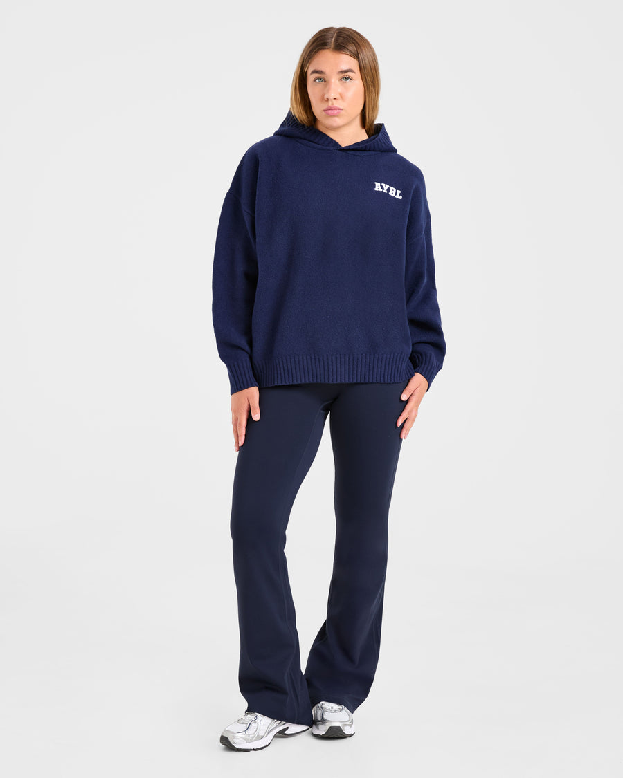 Varsity Minimal Logo Oversized Knitted Hoodie - Navy