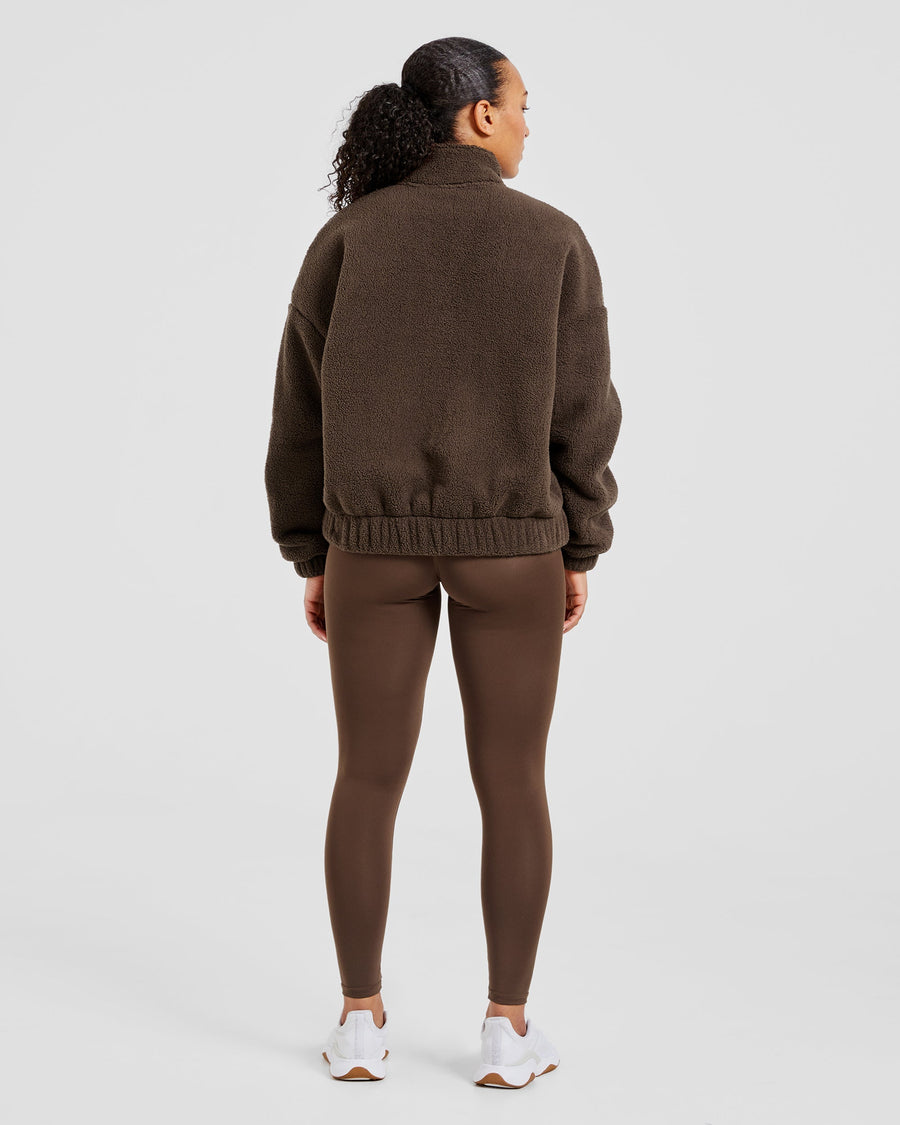 Varsity Oversized Fleece Zip Up Jacket - Cocoa Brown