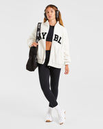 Varsity Oversized Fleece Zip Up Jacket - Cream