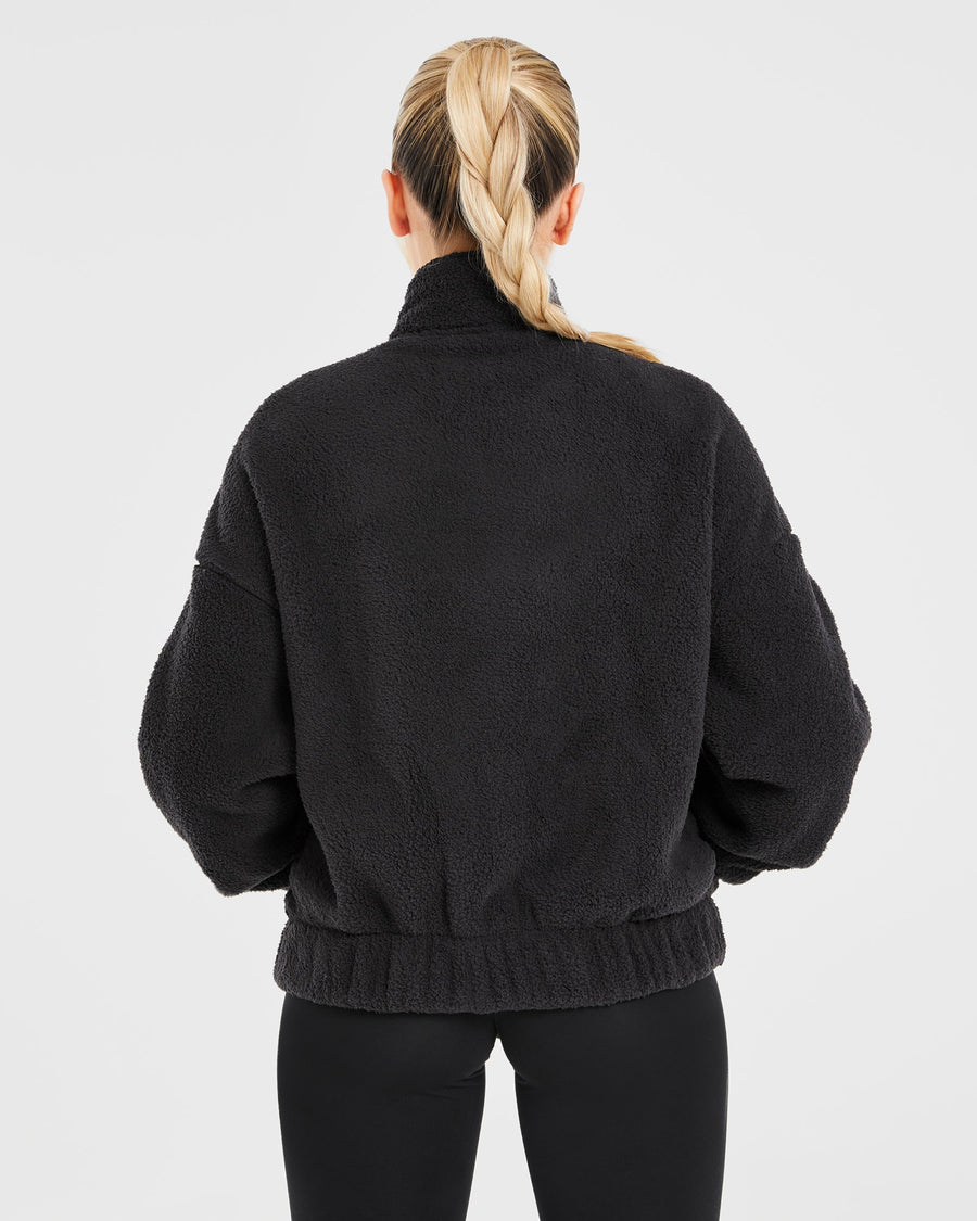 Varsity Oversized Fleece Zip Up Jacket - Black