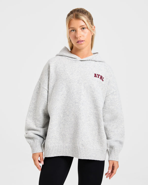 Varsity Minimal Logo Oversized Knitted Hoodie - Gris Marl/Burgundy