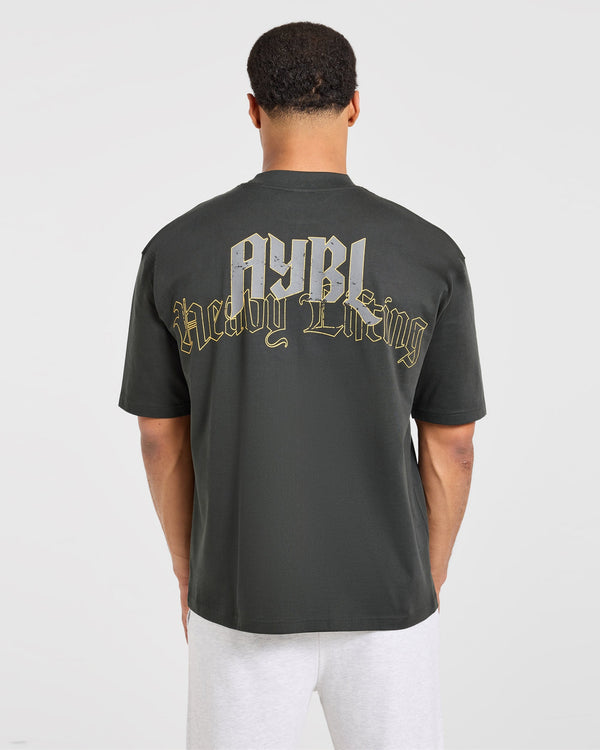 Heavy Lifting Gothic Oversized T Shirt - Charcoal/Jaune