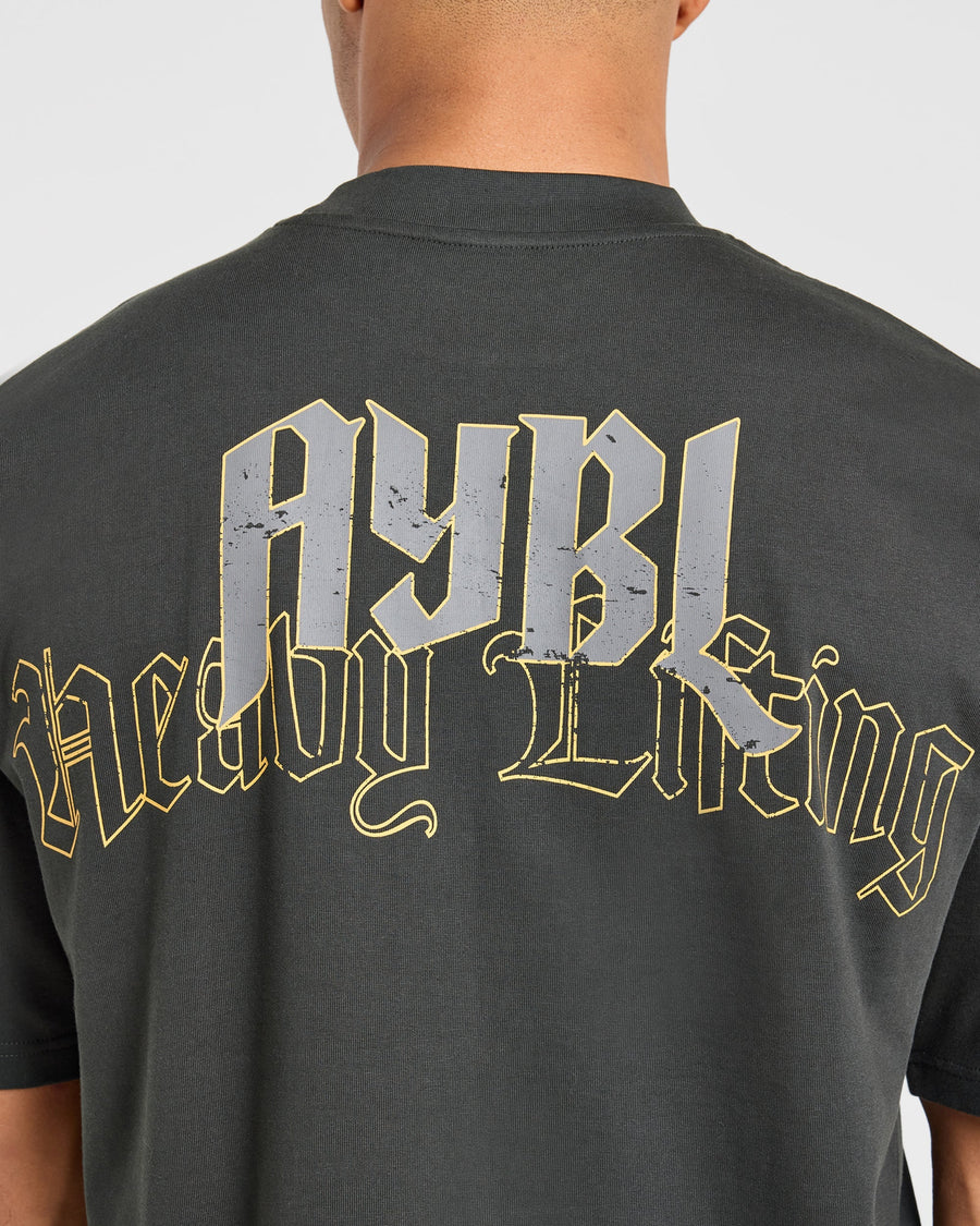 Heavy Lifting Gothic Oversized T Shirt - Charcoal/Jaune