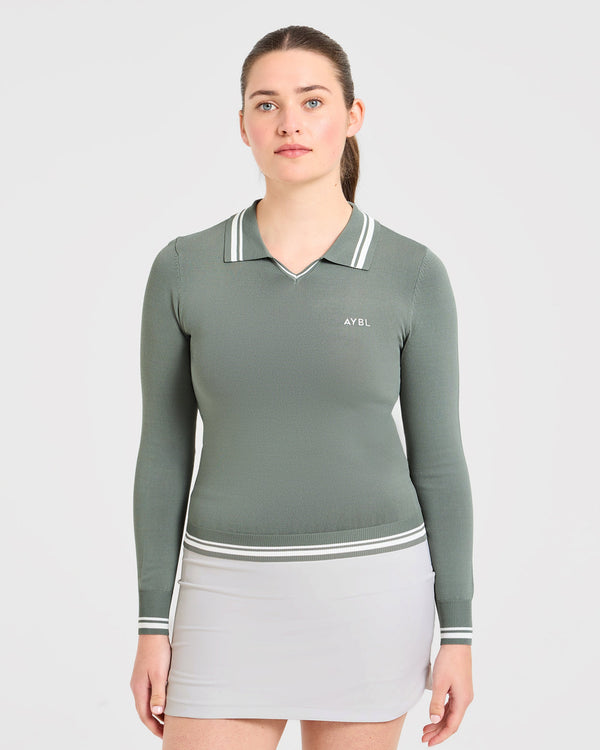 Classic Knitted Long Sleeve Polo - Hillside Vert