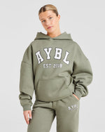 Varsity Graphic Oversized Hoodie - Muted Olive