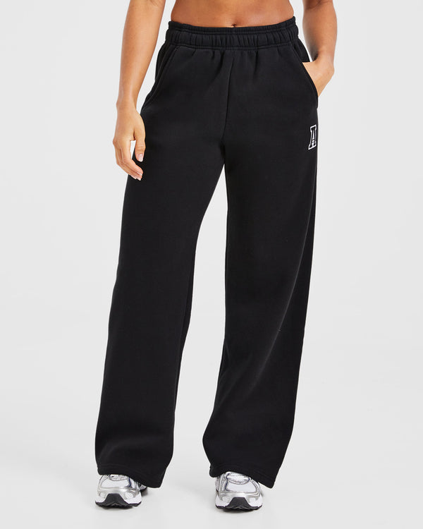 Varsity Embroidered Oversized Straight Leg Joggers - Black