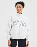 Varsity Oversized Fleece Zip Up Jacket - Cream/White