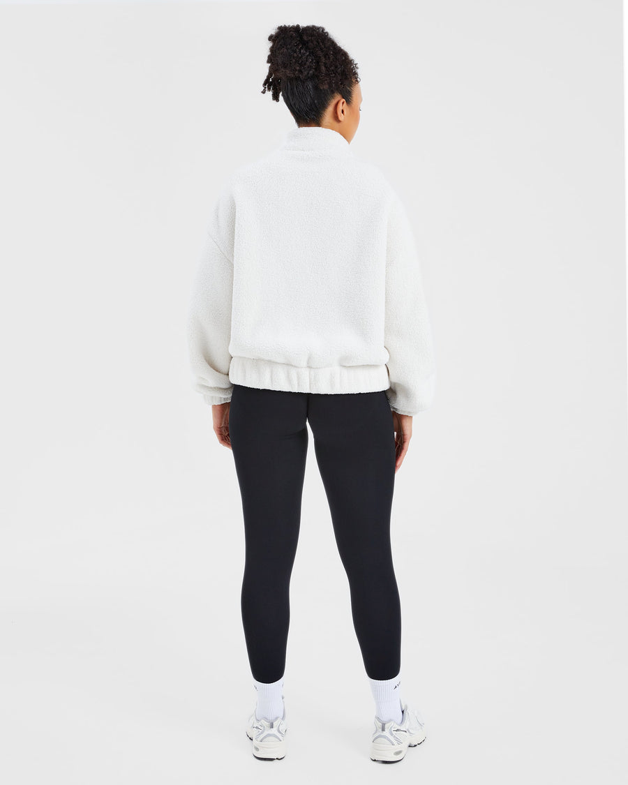 Varsity Oversized Fleece Zip Up Jacket - Cream/White