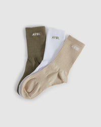 Everyday Crew Socks (3 Pack) - Khaki/Beige/Blanc