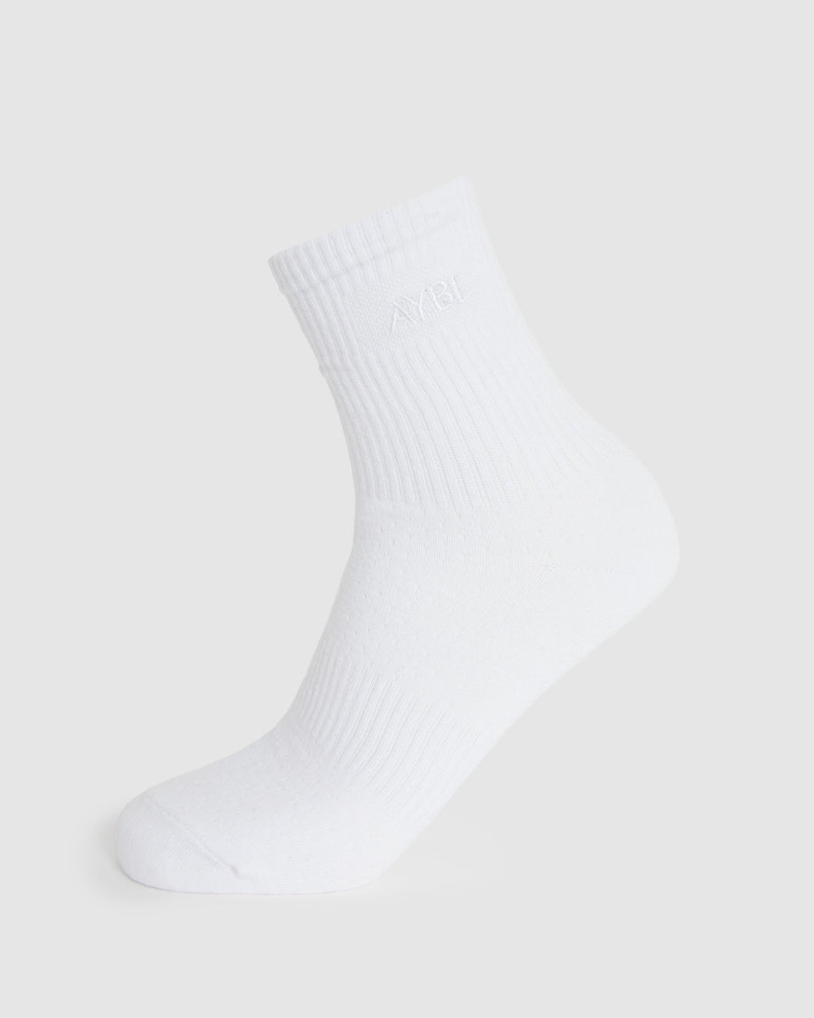 Tonal Embroidered Crew Socks - Blanc
